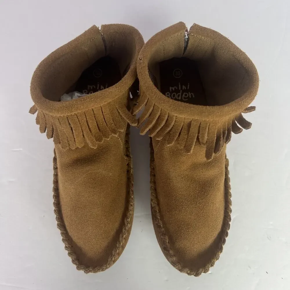 Mini Boden Moccasins Ankle Boots Booties Kid Size EU 33 US 1.5 Tan Fringe Unisex